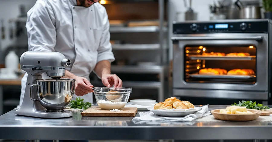 Chef en cocina comercial con ingredientes en báscula digital, batidora profesional y horno de convección encendido con bandeja de pan, en un entorno limpio y ordenado.