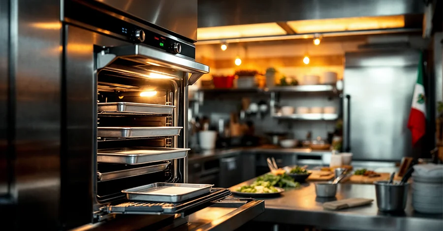 Cocina profesional de acero inoxidable con horno abierto y charolas listas, batidora y refrigerador al fondo, decorada con discretos detalles patrios para Fiestas Patrias.