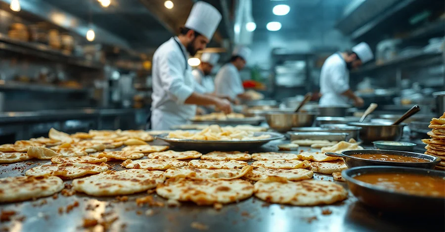 Cocina profesional con plancha llena de quesadillas y pambazos, freidora con empanadas y marmita con pozole, decorada con detalles patrios discretos para Fiestas Patrias.