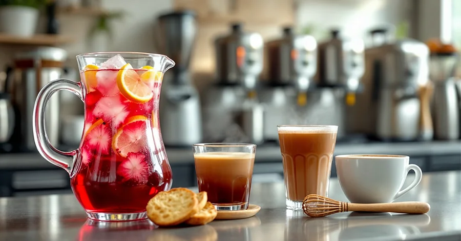 Barra de cafetería profesional con agua de jamaica, atole y chocolate caliente con molinillo, en un entorno limpio y festivo mexicano.