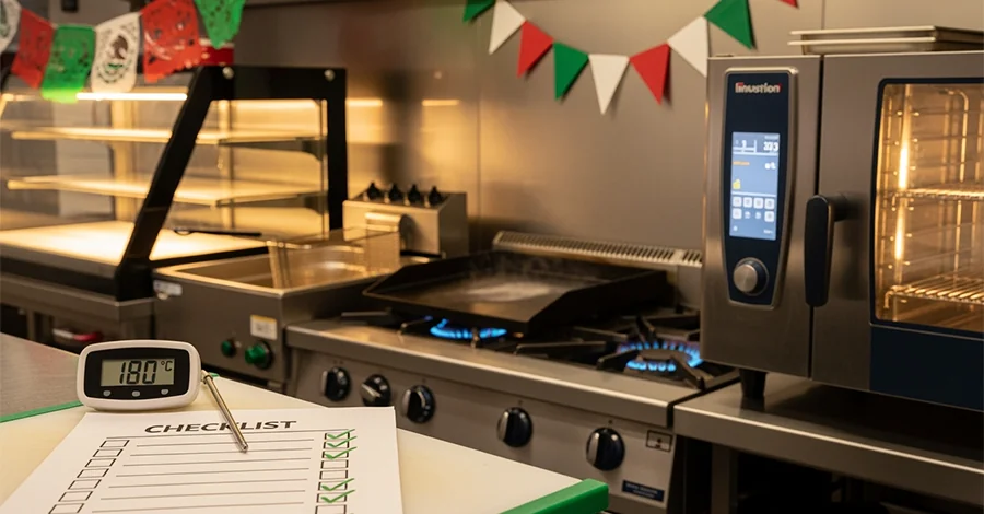 Checklist palomeada y termómetro a 180 °C en la línea caliente, con freidora, plancha, estufa, horno de convección y vitrina listos; fondo con papel picado tricolor sutil.