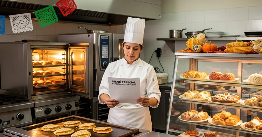 Chef con gorro revisa hoja “Menú Especial Septiembre–Octubre” en cocina profesional; al fondo horno de convección con panecillos, plancha con quesadillas y vitrina de temporada, con papel picado y detalles otoñales.