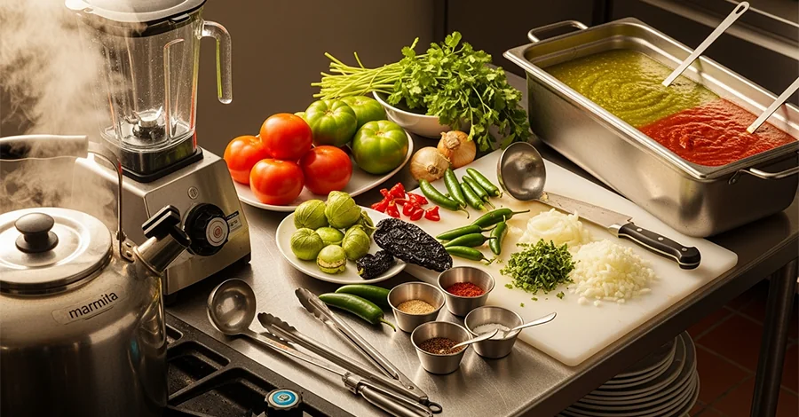 Marmita y licuadora industrial en cocina profesional; mesa con jitomates, tomatillos, chiles guajillo, serrano y pasilla, cebolla y cilantro; gran recipiente con salsa verde y roja, luz cálida que resalta frescura y volumen de producción.