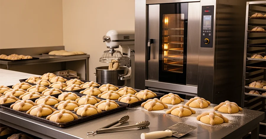 Mesa con charolas de pan de muerto recién formado y azucarado; al fondo horno de convección encendido y batidora industrial con masa, luz cálida que resalta dorados y acero inoxidable.