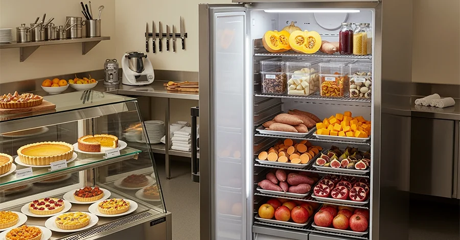 Refrigerador industrial abierto con calabazas, camotes y frutas otoñales organizadas; a un lado vitrina refrigerada con pay de calabaza, pan de camote y tartas; luz cálida que resalta acero y tonos de temporada.
