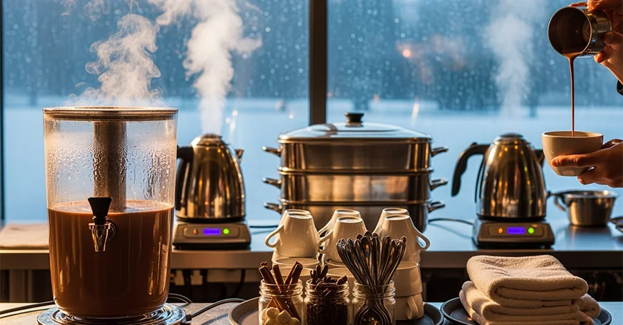 Dispensador transparente sirviendo chocolate caliente espeso con vapor suave; a un lado hervidor y vaporeras en uso; charola con tazas y toppings (canela, ralladura de chocolate); fondo frío con ventana lluviosa que realza la calidez profesional.