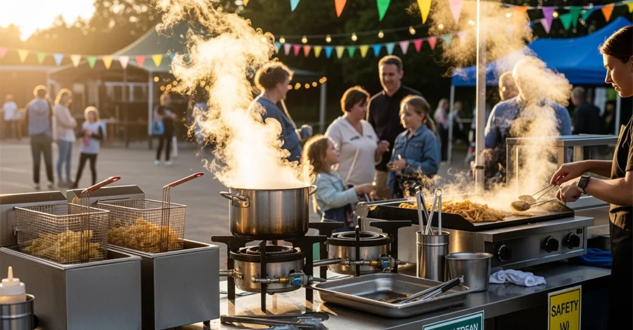 Puesto gastronómico portátil y profesional en una kermés escolar al aire libre durante el atardecer: freidoras con papas burbujeando, plancha portátil en cocción y anafres con olla humeante en primer plano; al fondo banderines de colores, luces cálidas y familias acercándose, transmitiendo profesionalismo, practicidad y sentido de comunidad.