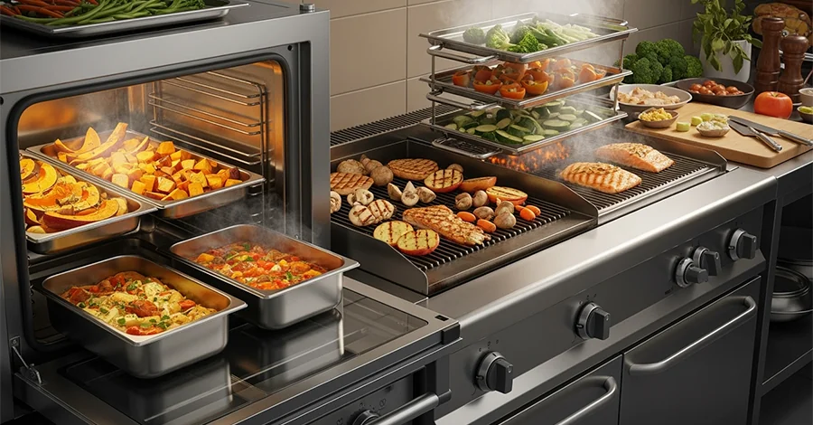 Cocina profesional con iluminación cálida otoñal: en primer plano, horno combinado mostrando charolas con calabaza, camote y zanahorias asadas y un guiso horneándose; a un costado, plancha con salmón o pollo sellándose con manzana y setas; al fondo, vaporera liberando vapor con verduras al vapor. La escena comunica eficiencia, modernidad y calidez estacional gracias a equipos multifuncionales.