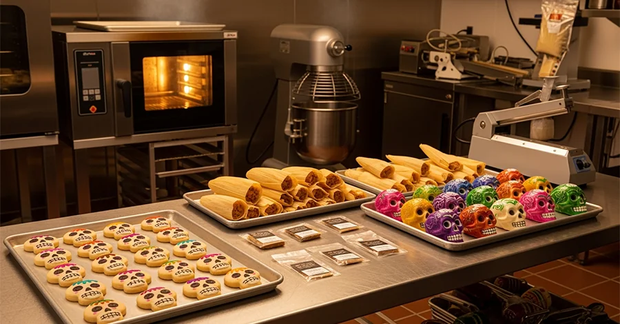 Cocina profesional con iluminación cálida alusiva a Día de Muertos: en primer plano, charolas con galletas de calaverita decoradas, tamalitos dulces en hojas de maíz y calaveritas de azúcar listas para empaquetar; al fondo, horno de convección encendido, batidora de gran capacidad y selladora de bolsas en uso. La escena transmite tradición y modernidad con producción en volumen de alta calidad.