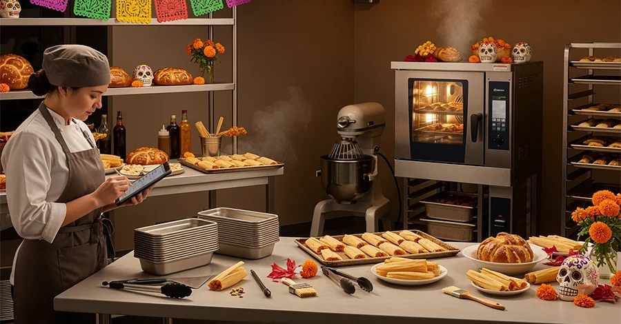 Cocina profesional con luz cálida otoñal: chef/panadero en primer plano revisa una checklist en tabla/tablet; al fondo, horno de convección, batidoras y charolas ordenadas. Panes de Muerto, calaveritas y tamales listos para hornear sugieren temporada de Día de Muertos. La escena comunica organización, limpieza y producción lista para iniciar.