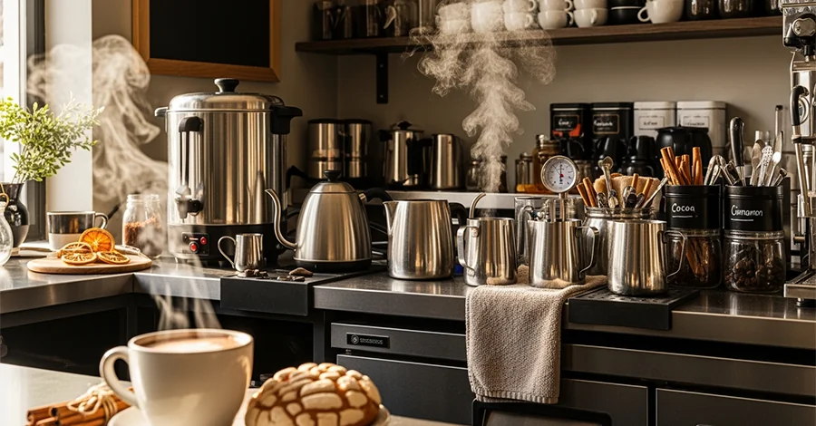 Barra de cafetería/panadería con chocolatera, hervidor y vaporera en acero inoxidable sobre la encimera; en primer plano, taza de chocolate caliente humeante junto a una concha recién horneada. Fondo cálido con vapores suaves y utensilios organizados. Paleta dorados, cobrizos y gris metálico, que transmite calidez invernal, profesionalismo y ambiente acogedor.