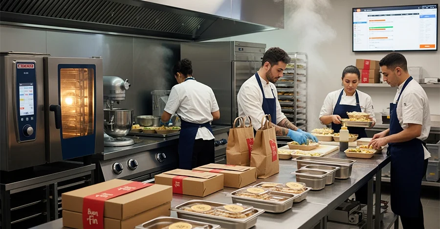 Cocina profesional en Buen Fin con chefs y ayudantes trabajando en equipo; en primer plano, hornos, batidoras, mesas de acero y empaques listos. Al fondo, pantalla/pizarra con pedidos y promociones no legibles. Luz cálida y alto contraste que evocan productividad y ambiente comercial, con etiquetas discretas alusivas al Buen Fin y foco en organización y eficiencia.