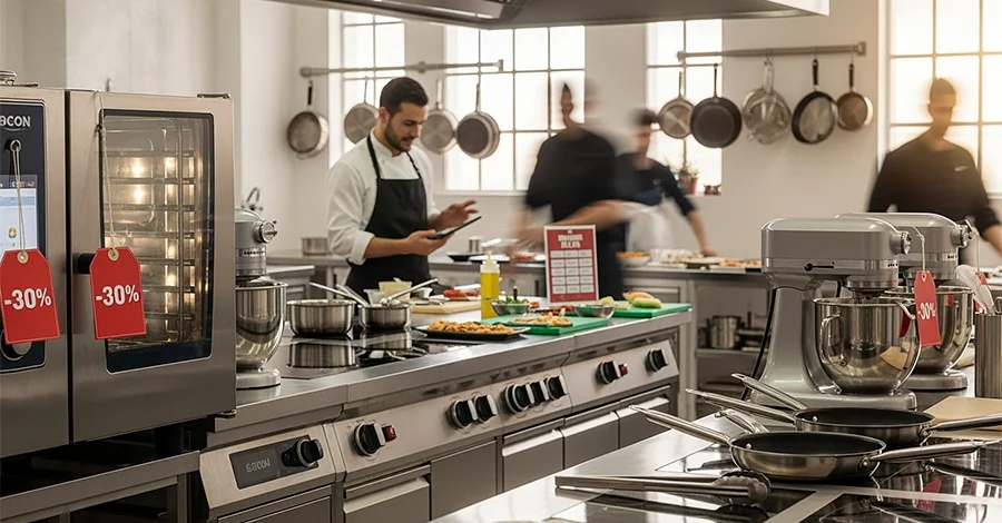 Cocina profesional moderna con hornos, batidoras y refrigeradores de acero en primer plano, etiquetas de descuento rojas/negras (“-20%”, “-30%”, “Oferta”) visibles; al fondo, chef o vendedor muestra una promoción en tablet/cartel a un cliente. Luz cálida y natural, alto contraste controlado, paleta plateado/rojo/negro, que comunica ambiente comercial activo y profesionalismo.