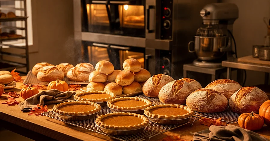 Mesa de panadería con pays de calabaza, panecillos y pan rústico en rejillas; al fondo, horno de convección encendido y batidora de acero bajo luz dorada otoñal con calabazas pequeñas y hojas secas.