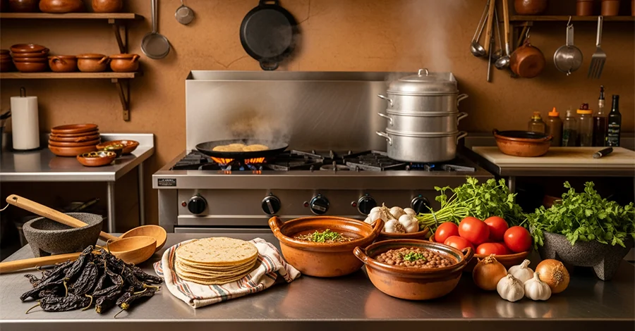Mesa de acero con chiles secos, tortillas y cazuelas de barro con mole y frijoles; al fondo, estufa industrial con comal y vaporera humeante bajo luz natural cálida, estilo fonda mexicana.