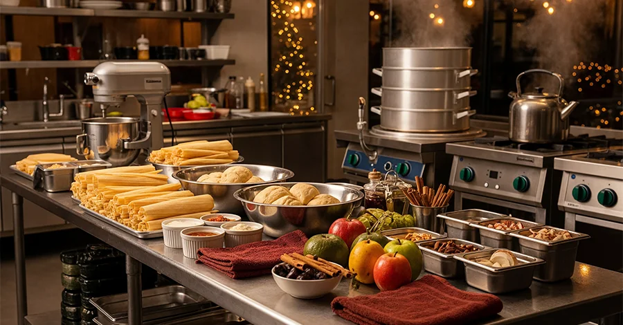 Mesa de acero con hojas de maíz, masa para tamales y frutas para ponche; al fondo, amasadora, vaporera y marmita en uso con vapor suave bajo luz cálida, ambiente festivo y producción organizada para posadas.