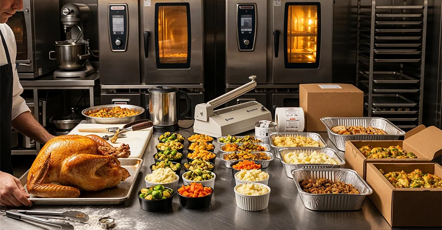 Chef coloca un pavo rostizado dorado en charola sobre mesa de acero, con guarniciones y empaques térmicos abiertos; al fondo, hornos de convección, batidora y marmita bajo luz cálida festiva.