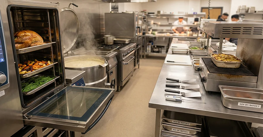 Cocina profesional en temporada alta con horno combinado abierto (pavo, verduras glaseadas y guarniciones), marmita con crema espesa y salamandra dorando papas gratinadas, bajo luz neutro-cálida que realza el acero inoxidable y comunica eficiencia y organización.