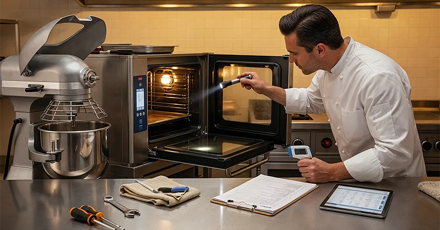 Chefs inspeccionan un horno industrial y una batidora frente a estantes con ingredientes etiquetados; cocina profesional limpia con luz cálida que realza el acero inoxidable, transmitiendo orden y planificación.