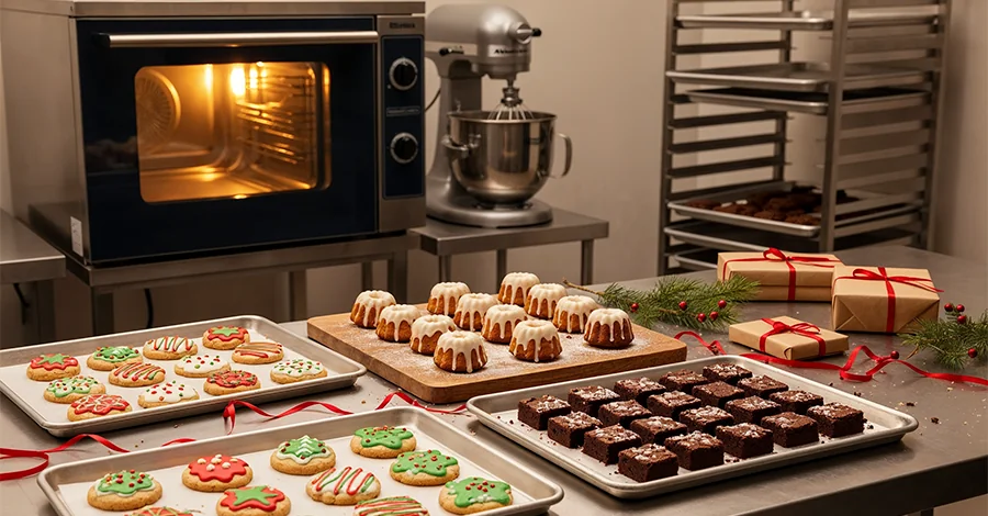 Mesa con galletas decoradas, mini panqués y brownies recién horneados; al fondo, horno de convección RHINO encendido y batidora metálica, con ramitas de pino y cintas rojas bajo luz cálida.