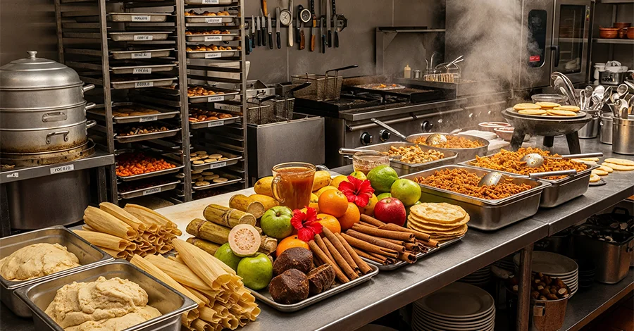Mesa de trabajo con masa para tamales, frutas para ponche, discos de buñuelos y guisos; al fondo, vaporera, freidora y plancha tipo comal en uso, charolas etiquetadas y utensilios ordenados bajo luz cálida profesional, reflejando producción en volumen para posadas.