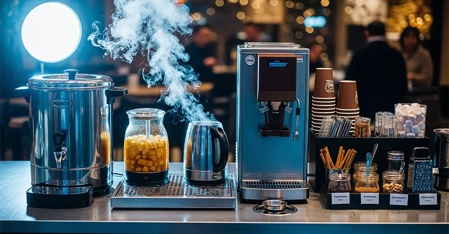 Estación de bebidas calientes en barra profesional: dispensador y marmita con ponche humeante, chocolatera en uso, vasos térmicos apilados, cucharones, charola antiderrames y toppings (canela, bombones); fondo cálido y limpio con clientes en bokeh.