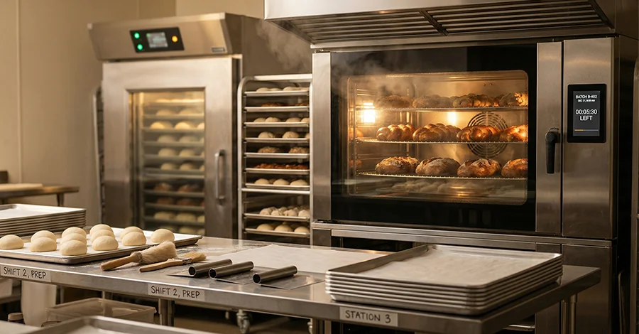 Panadería profesional con horno de convección encendido y charolas de panes dorándose, fermentadora llena de masas al fondo y mesa de acero en primer plano con masas boleadas, charolas y utensilios alineados, bajo luz cálida que resalta el acero y comunica flujo continuo y alto rendimiento.