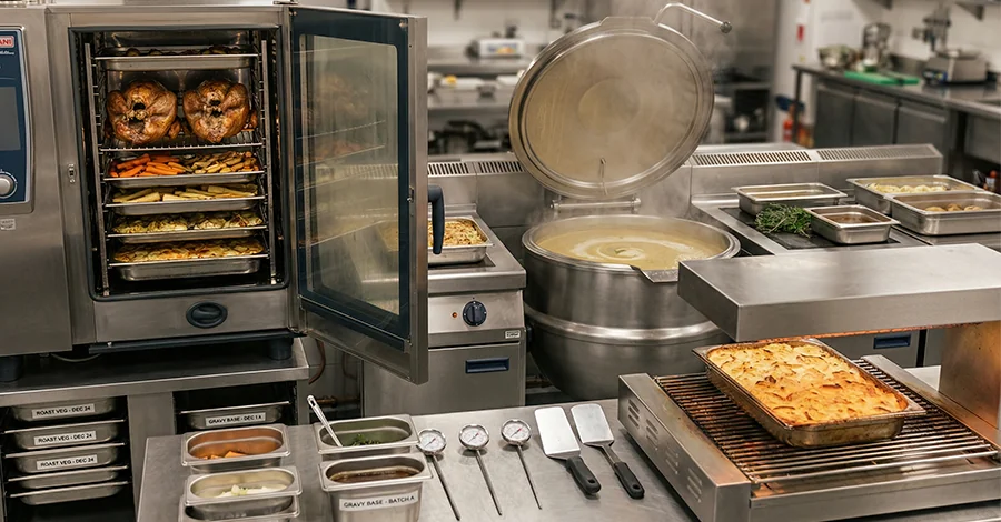 Cocina profesional en temporada alta con horno combinado abierto (pavo, verduras glaseadas y guarniciones), marmita con crema espesa y salamandra dorando papas gratinadas, bajo luz neutro-cálida que resalta el acero inoxidable y comunica eficiencia y organización.