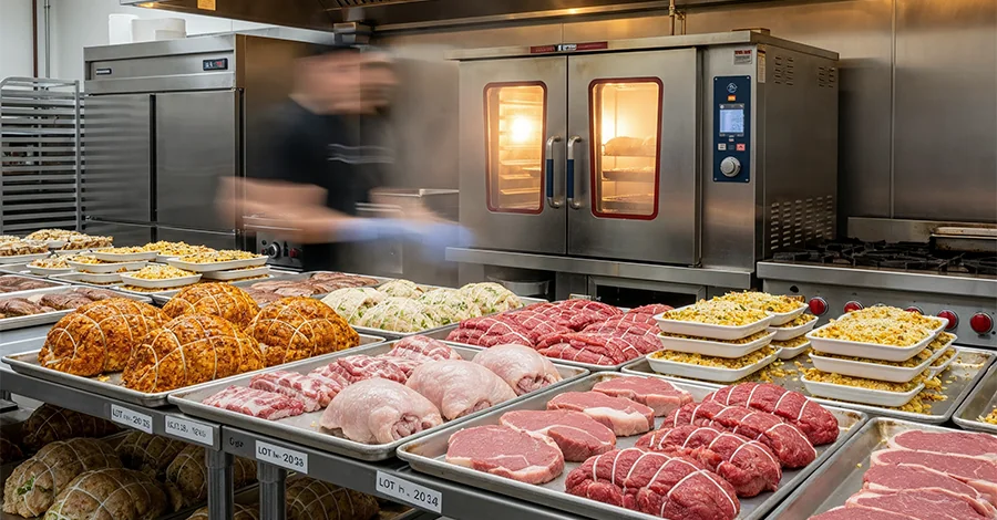 Cocina industrial organizada con horno de convección encendido; mesas de acero con charolas de pavos, lomos y guarniciones listas para hornear; al fondo, freidora, marmita y refrigerador, bajo luz cálida profesional que comunica eficiencia y preparación para Año Nuevo.