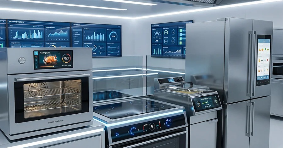 Cocina profesional moderna y minimalista con equipos digitales de última generación y paneles tecnológicos al fondo; transmite innovación, eficiencia y tendencias futuristas del sector gastronómico 2026.