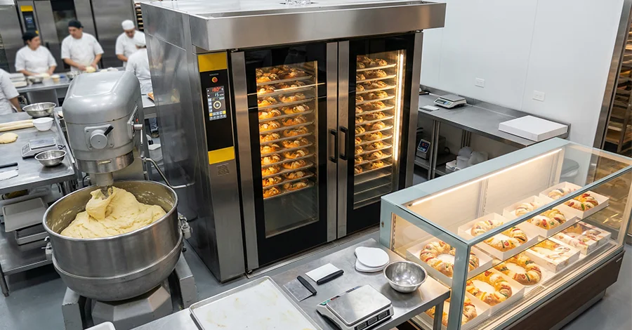 Panadería profesional en temporada de Reyes con un horno de convección industrial horneando Roscas de Reyes de forma uniforme, batidora en operación y vitrina con roscas listas para venta, en un ambiente limpio y eficiente.
