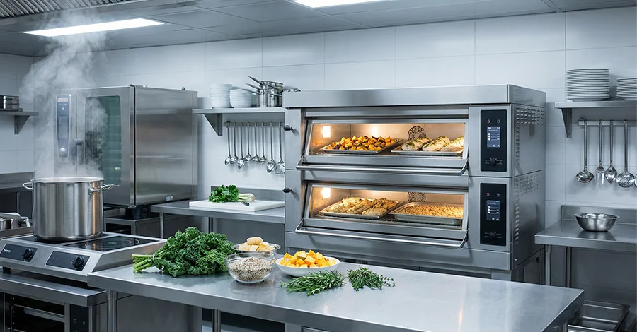 Cocina profesional moderna con un horno industrial horneando preparaciones ligeras, vaporera y olla en operación, ingredientes frescos sobre mesa de acero y un ambiente limpio que transmite eficiencia y menú de temporada.