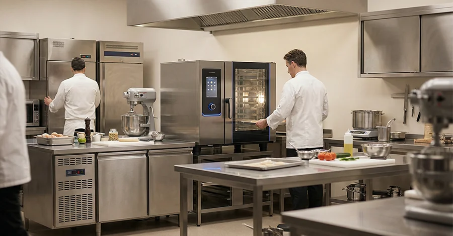 Cocina profesional moderna en operación con un equipo industrial nuevo integrado y encendido, rodeado de personal y equipos en uso normal, transmitiendo renovación, eficiencia y continuidad.